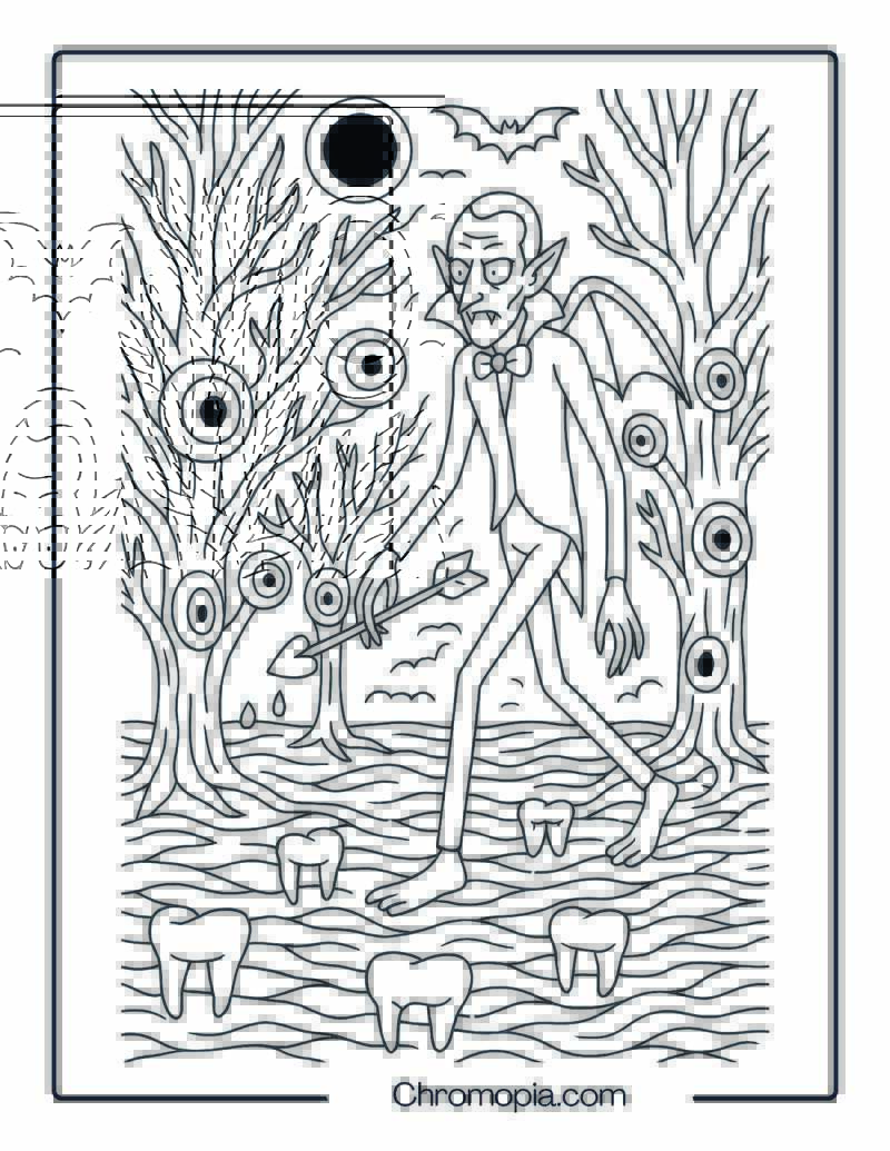 Surreal Vampire Forest with Eyeball Trees Coloring Page