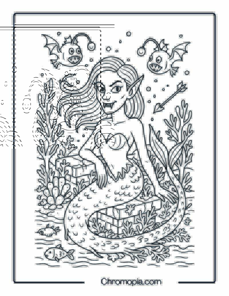 Vampire Mermaid in Deep Sea Ruins Coloring Page
