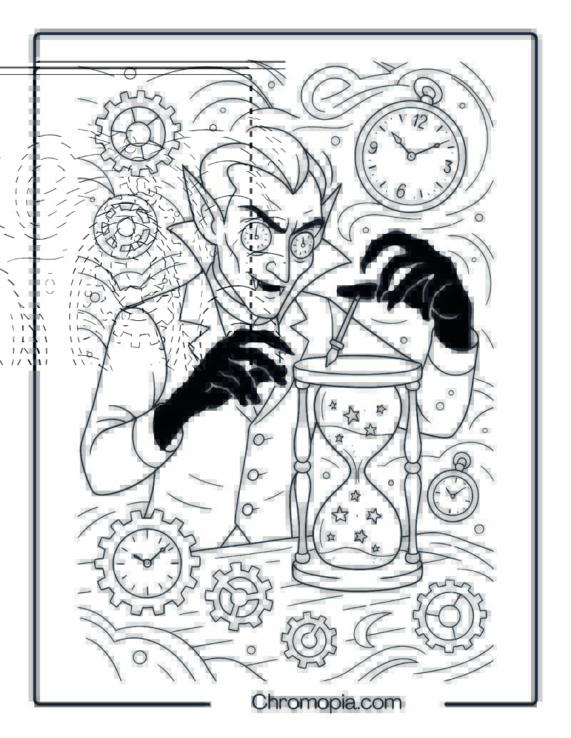 Vampire Clockmaker in Frozen Time Workshop Coloring Page