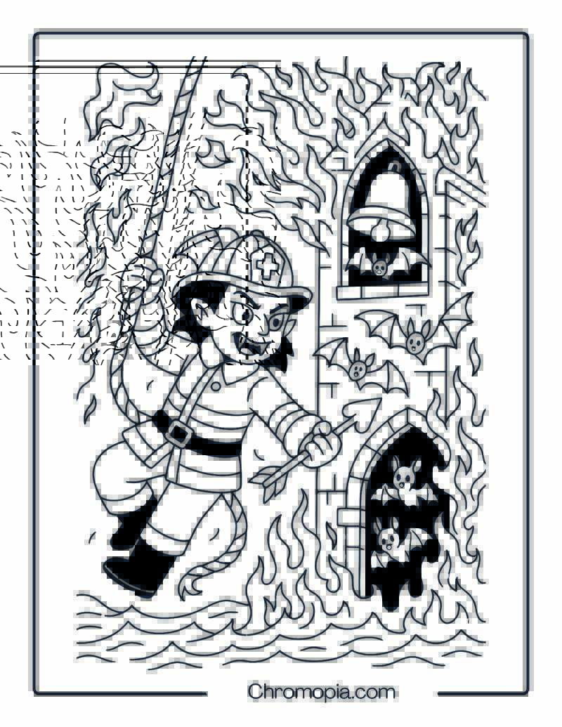 Vampire Firefighter Rescuing Bats Coloring Page