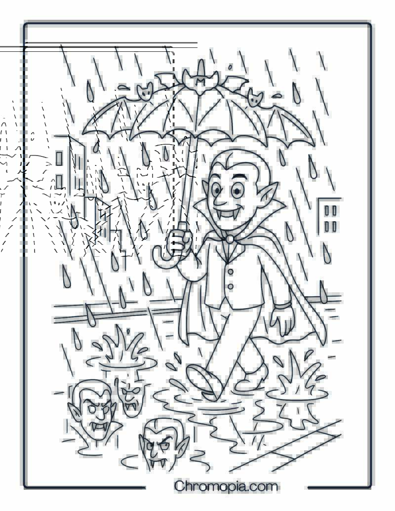 Vampire in Rainstorm with Umbrella of Bats Coloring Page