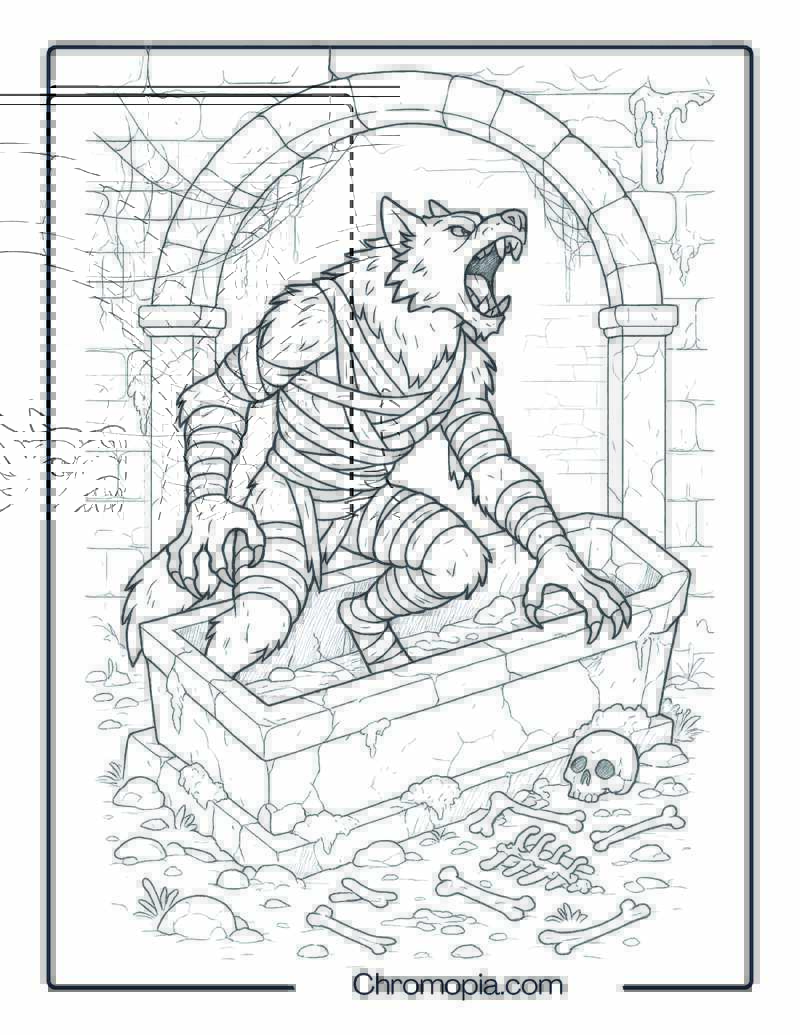Ancient Werewolf Awakening in Tomb Coloring Page