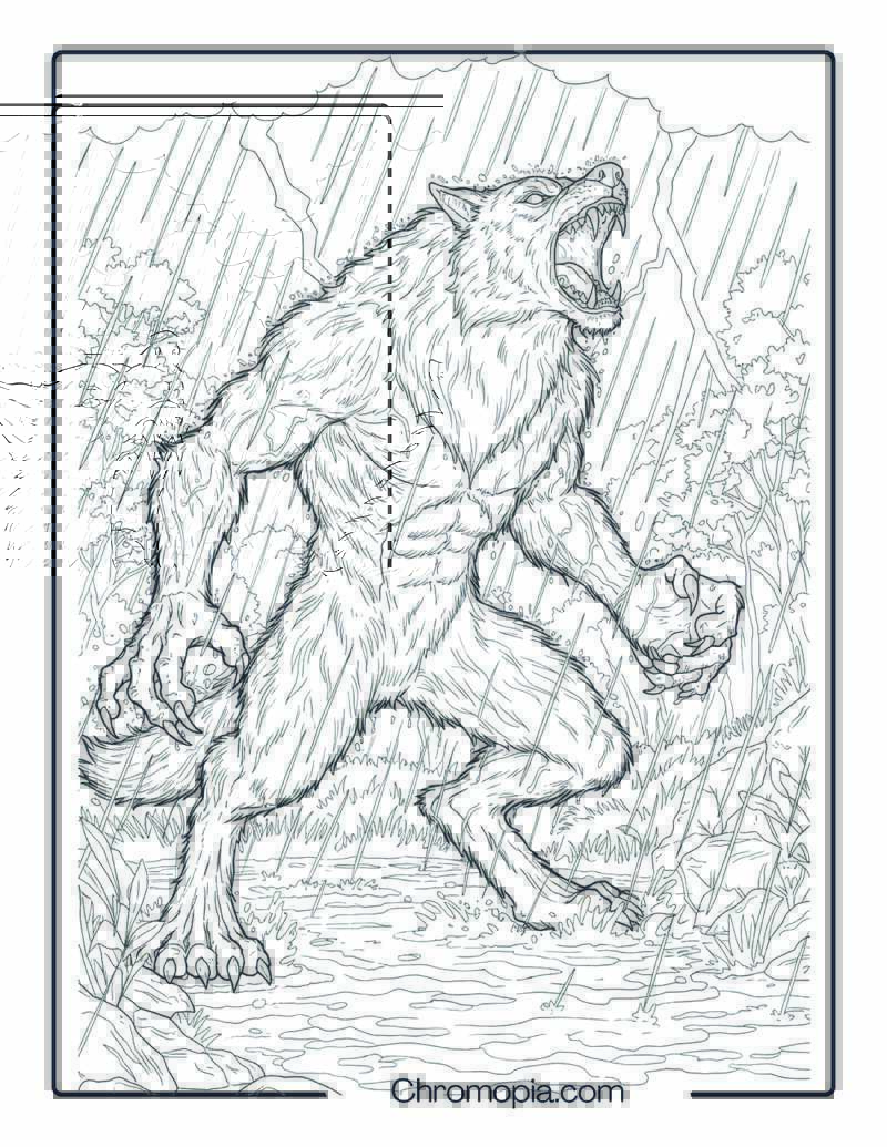 Snarling Werewolf in a Lightning Storm Coloring Sheet
