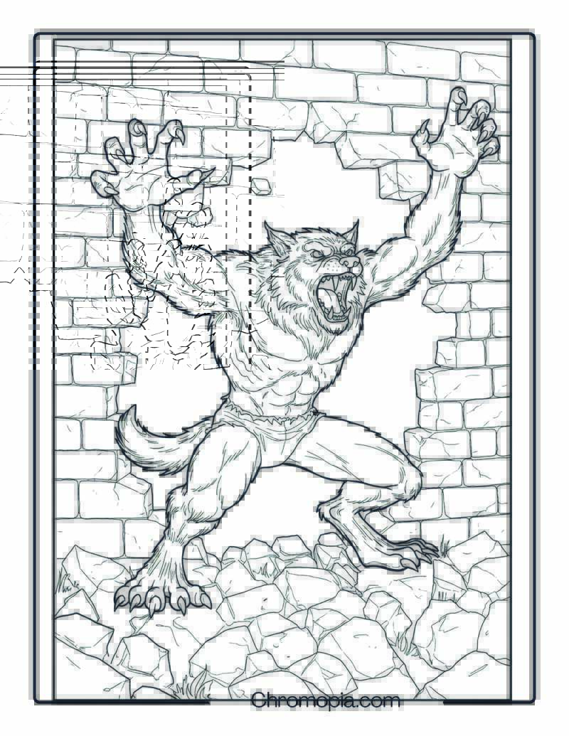 Werewolf Bursting Through an Old Stone Wall Coloring Page