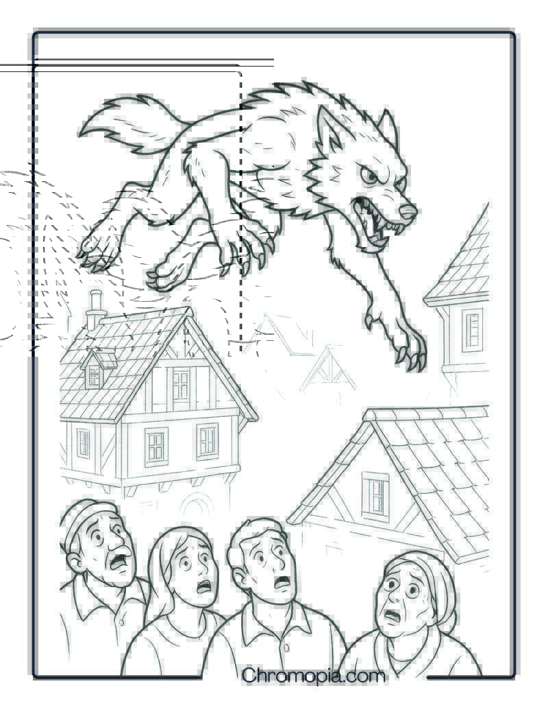 Werewolf Leaping Across Rooftops Coloring Page