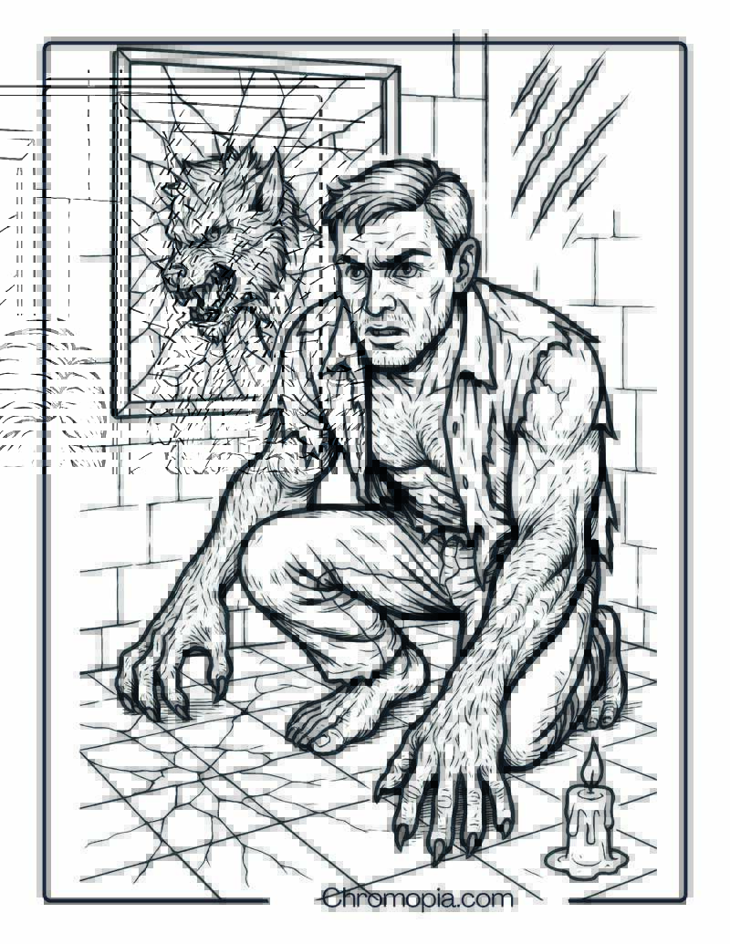 Werewolf Mid-Transformation in Front of Cracked Mirror Coloring Sheet