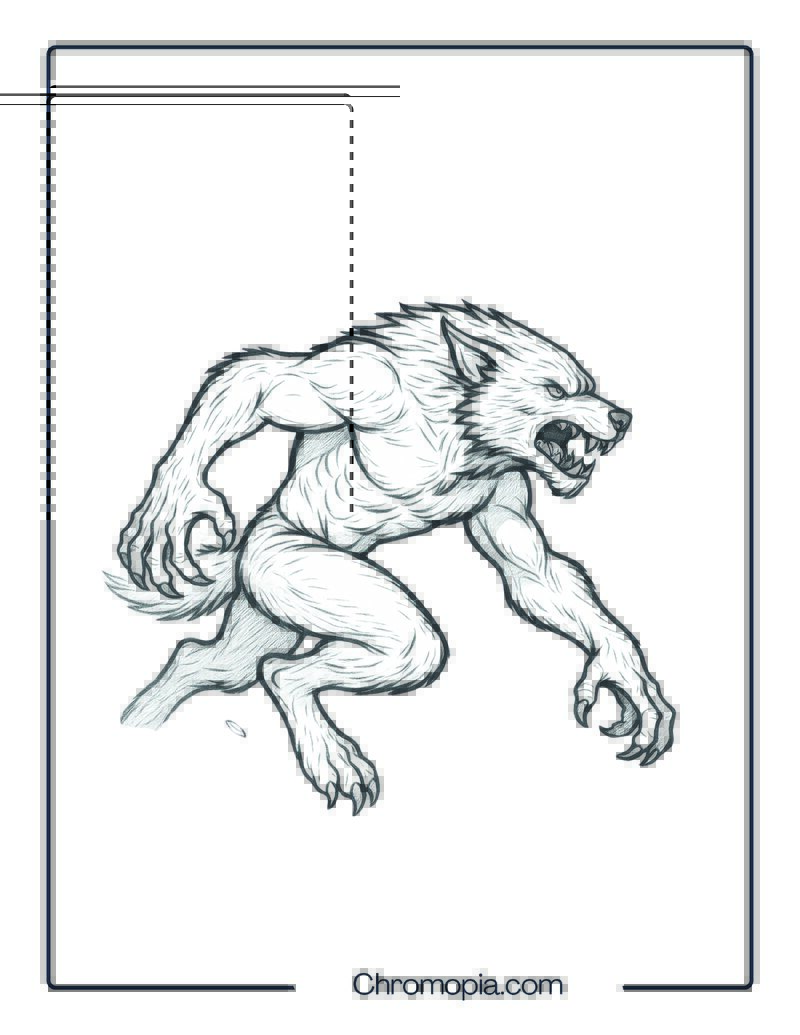 Werewolf Sprinting Through a Dense Moonlit Forest Coloring Page