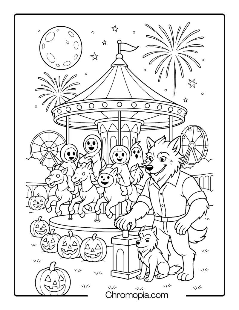 Amusement Park Werewolf Ride with Kids in Halloween Costumes – Coloring Page