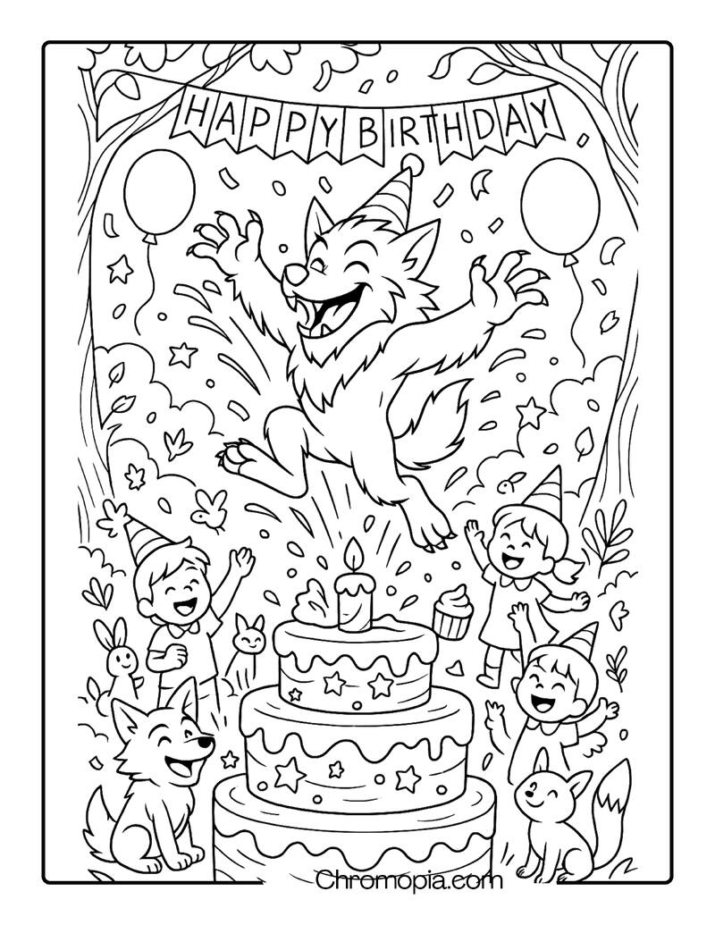 Birthday Bash Werewolf Jumping from Giant Cake – Coloring Sheet