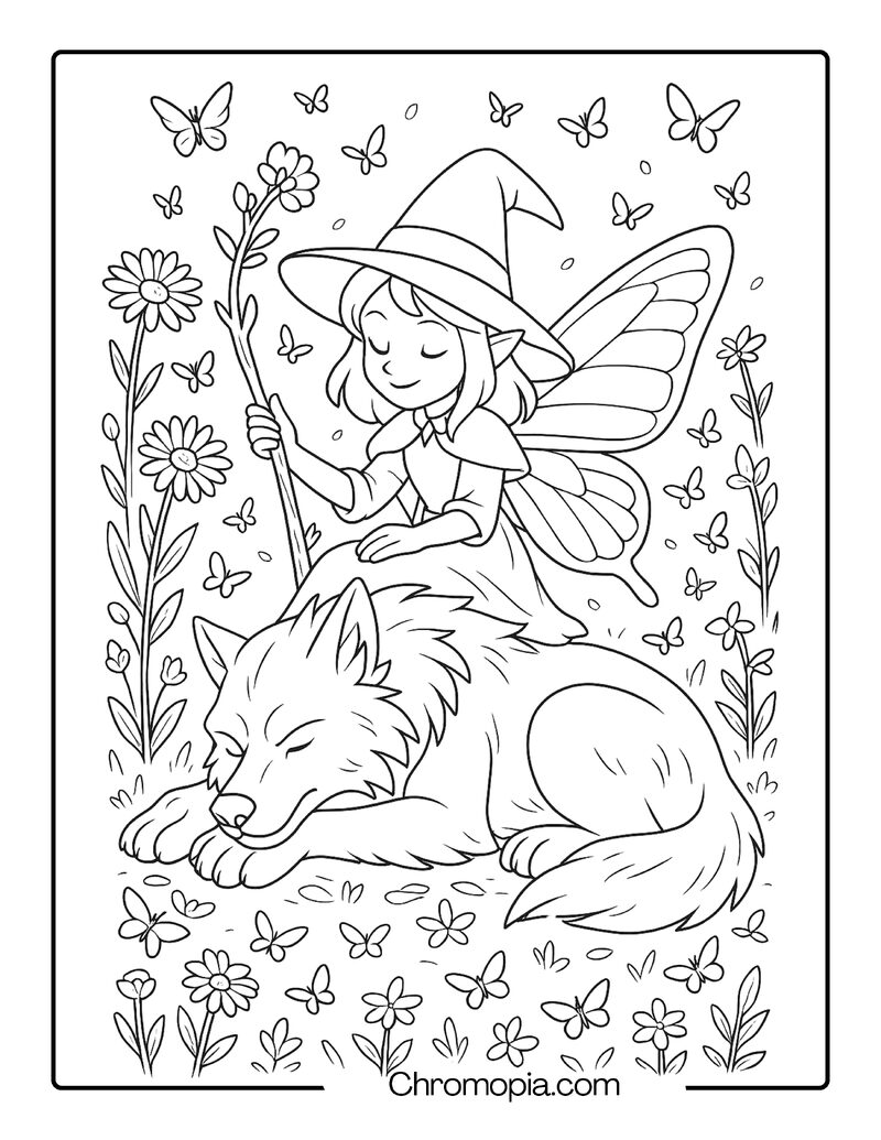 Butterfly Witch and the Gentle Werewolf in a Spring Meadow – Coloring Sheet