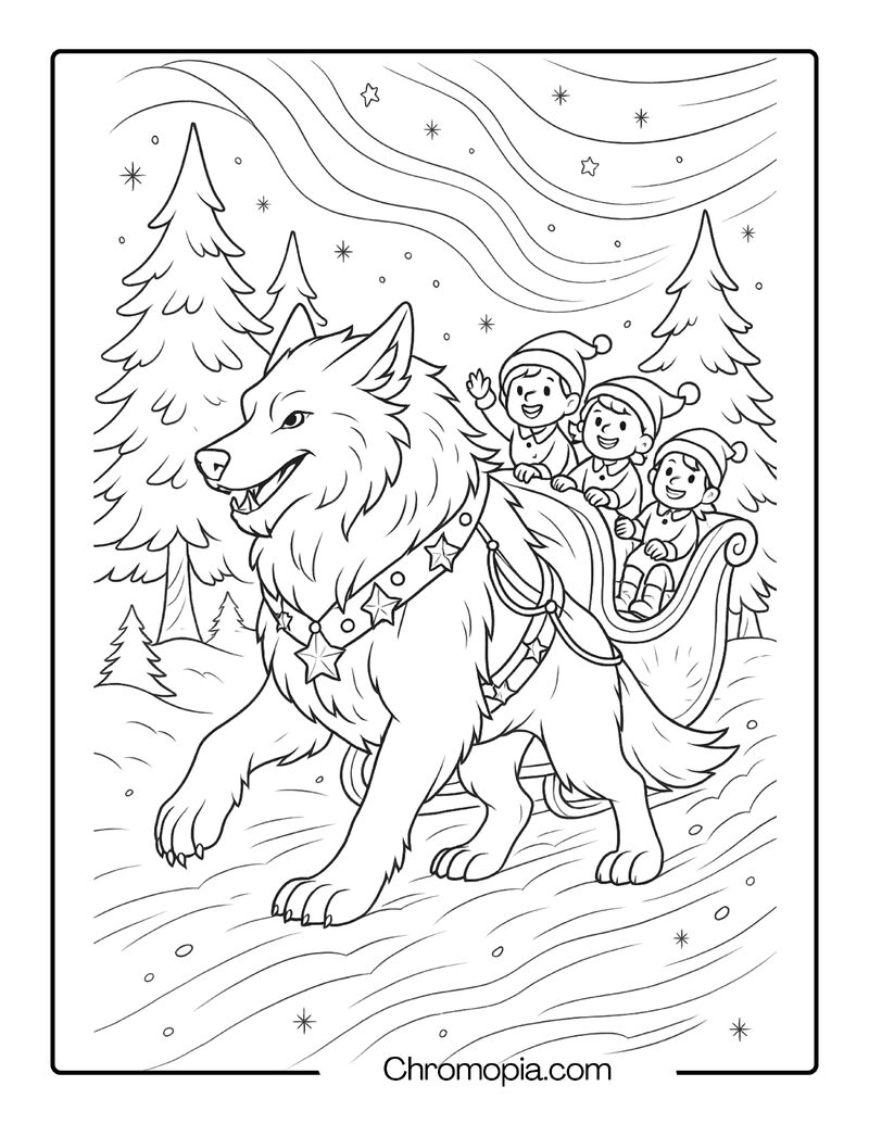 Christmas Sleigh Werewolf with Snow Child Riders – Coloring Page