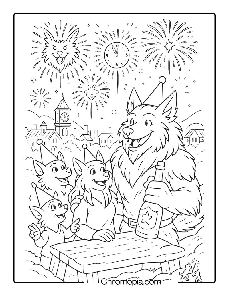 New Year’s Countdown with Firework-Watching Werewolves – Coloring Page