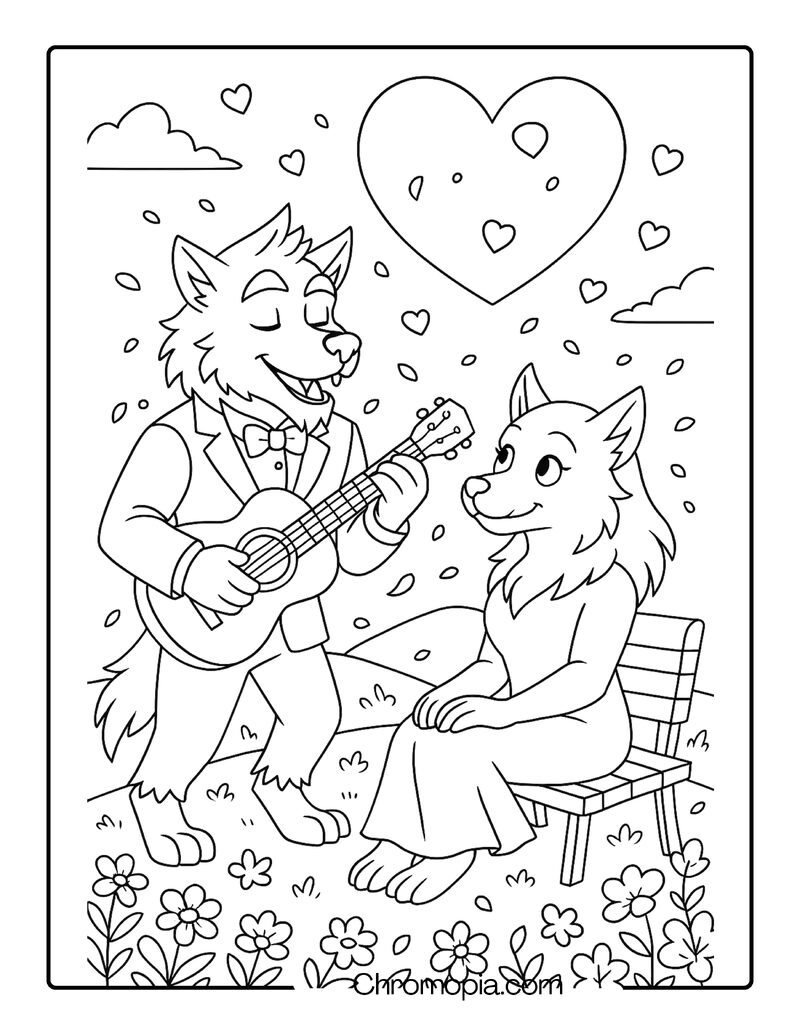 Valentine’s Day Werewolf Serenade Under a Heart Moon – Coloring Sheet