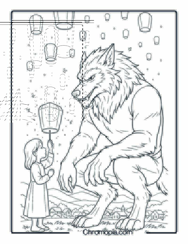 Werewolf Guardian and the Village Girl’s Lantern Wish – Coloring Page