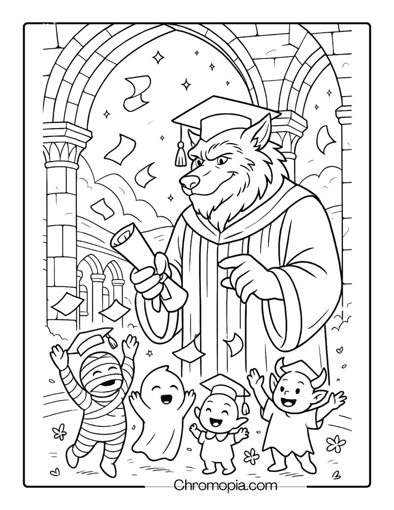 Werewolf Teacher at the Monster School Graduation – Coloring Page