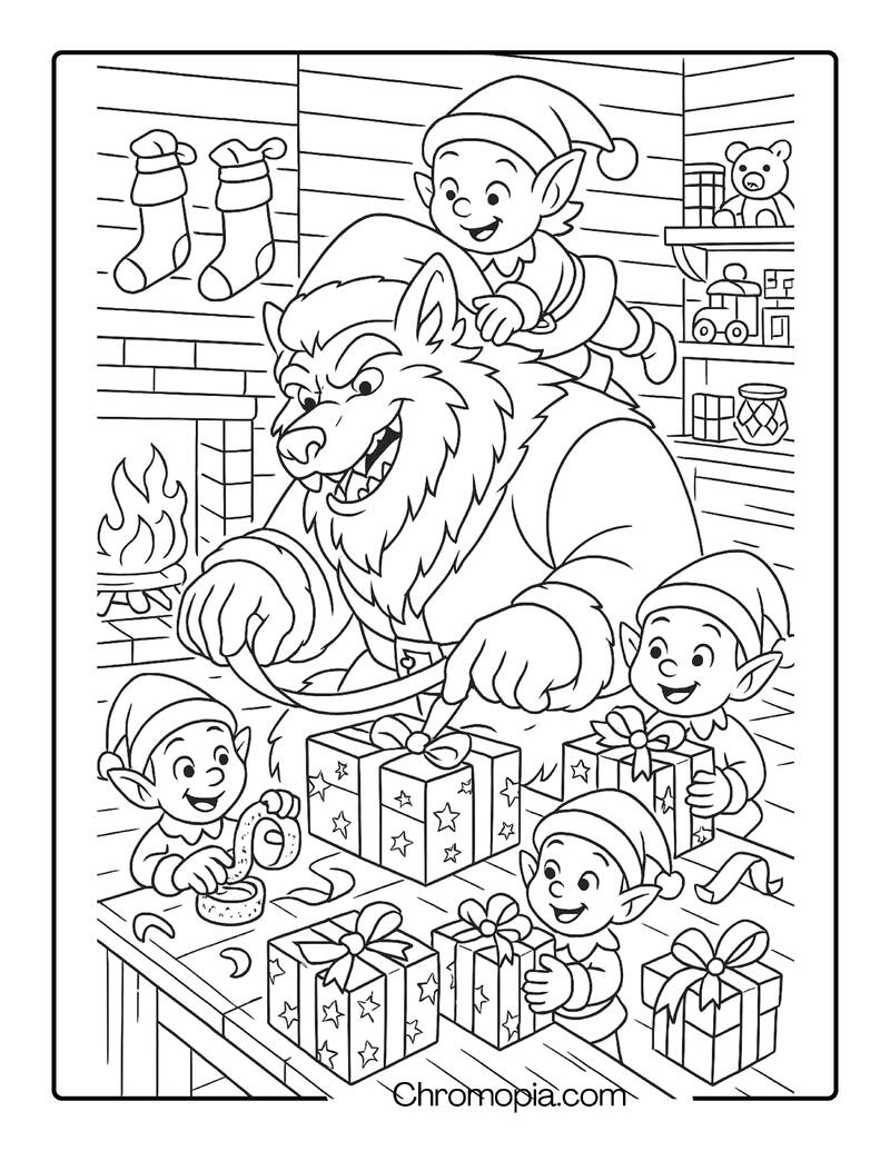 Wrapping Presents with Werewolf Santa and Elves – Coloring Sheet