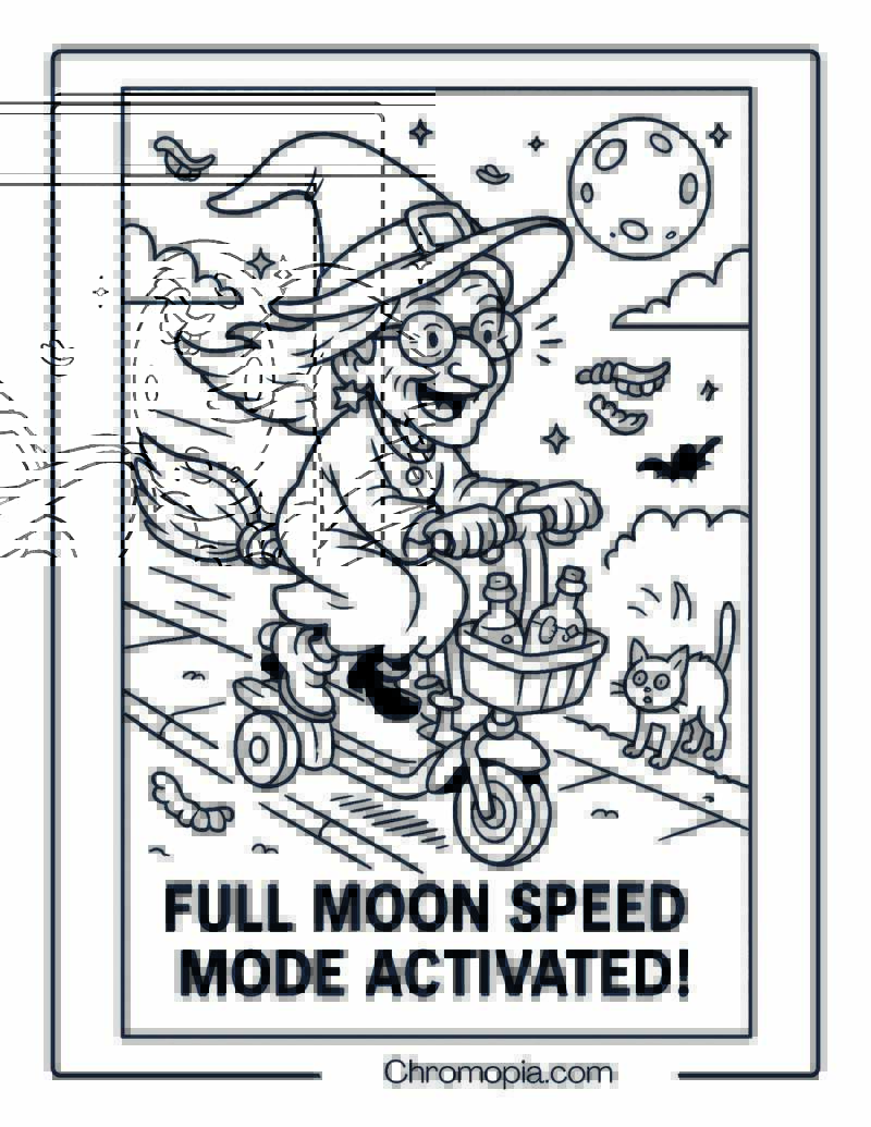 Grandma Witch on a Mobility Scooter Broom Hybrid – Cartoon Witch Coloring Page