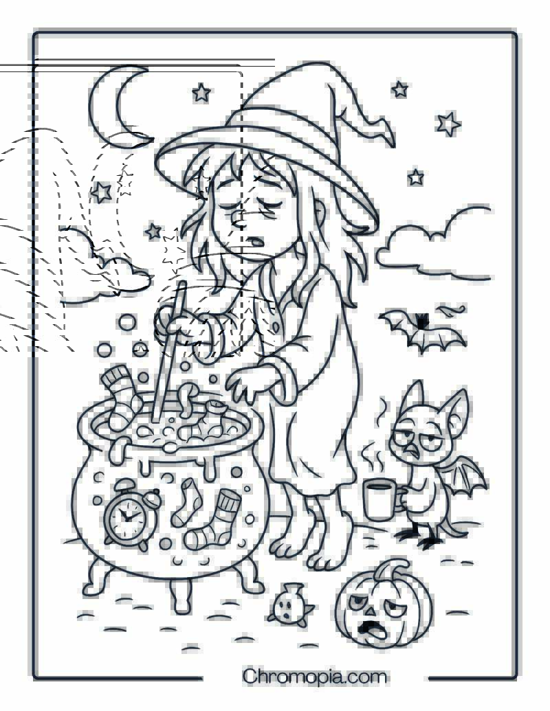 Sleepwalking Witch Stirring Soup with Her Wand – Funny Witch Coloring Page