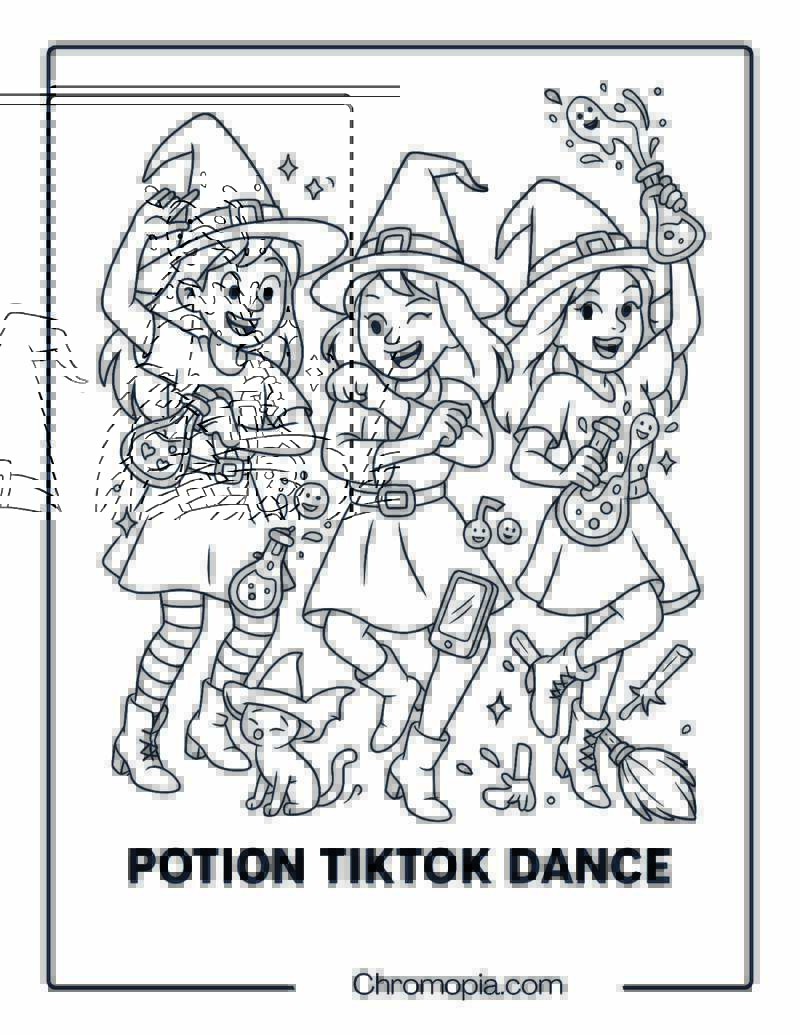 Trio of Witch Teens Doing a Potion TikTok Dance – Funny Witch Coloring Page