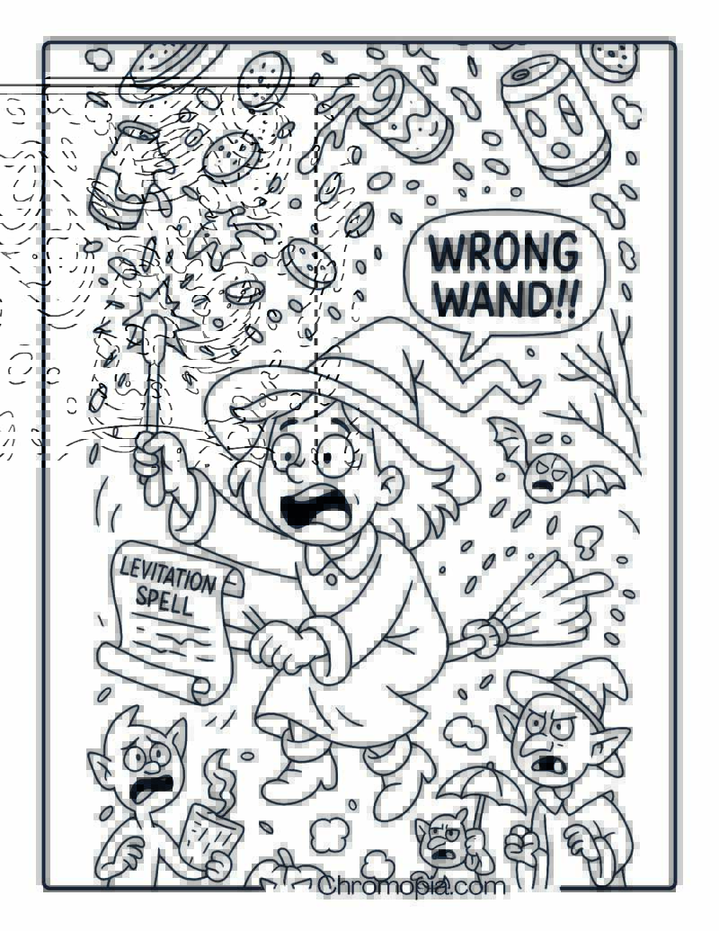 Witch Casting a Spell with the Wrong Wand – Hilarious Witch Coloring Page