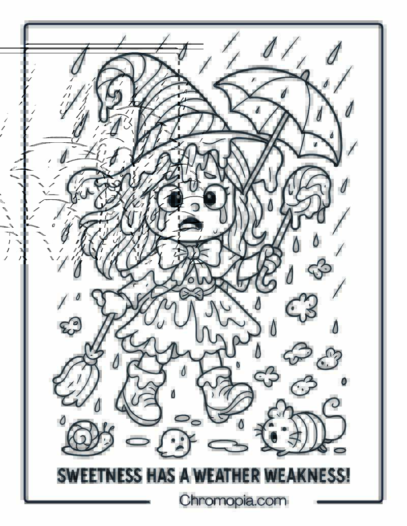 Witch Caught in the Rain with a Melting Sugar Hat – Adorable Witch Coloring Page