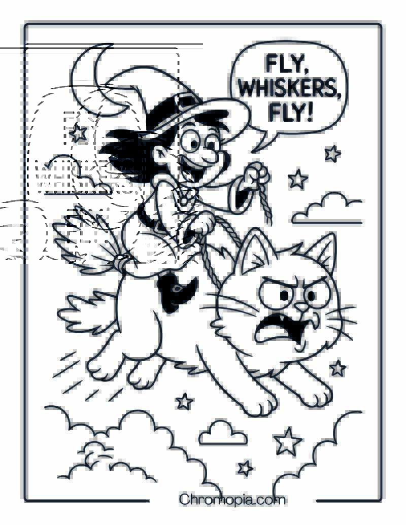 Witch Riding an Upset Cat Instead of a Broom – Funny Witch Coloring Page