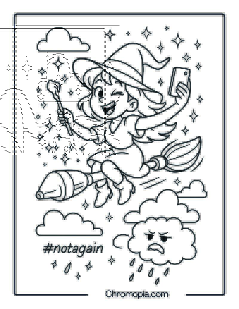Witch Taking a Selfie While Riding a Vacuum Cleaner – Funny Witch Coloring Page