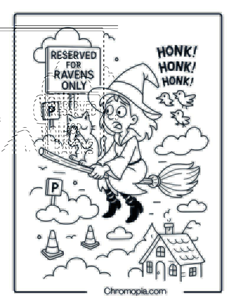 Witch Trying to Parallel Park a Flying Broom in the Sky – Hilarious Witch Coloring Page