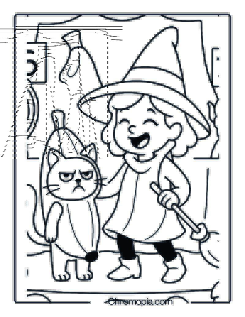 Witch and Her Familiar Competing in a Costume Contest – Adorable Witch Coloring Page