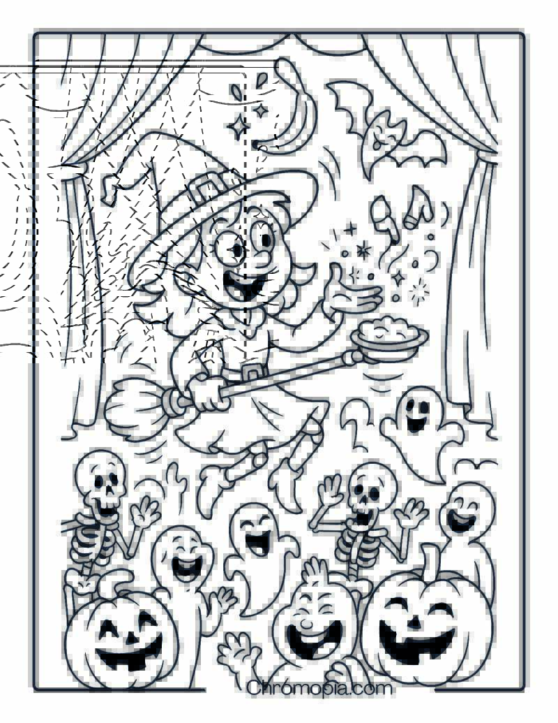 Cartoon Halloween Witch Performing Comedy Spell Show – Halloween Witch Coloring Page