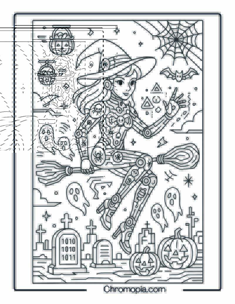 Futuristic Halloween Witch in Neon Graveyard – Halloween Witch Coloring Page