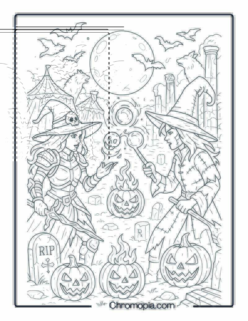 Graveyard Duel Between Two Halloween Witches – Halloween Witch Coloring Page