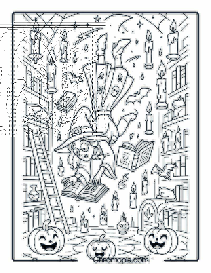 Halloween Witch Library with Floating Grimoires and Glowing Candles – Halloween Witch Coloring Page