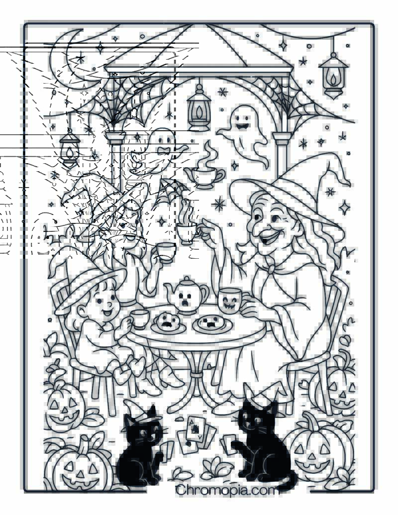 Halloween Witch Tea Party with Ghost Guests and Floating Sweets – Halloween Witch Coloring Page