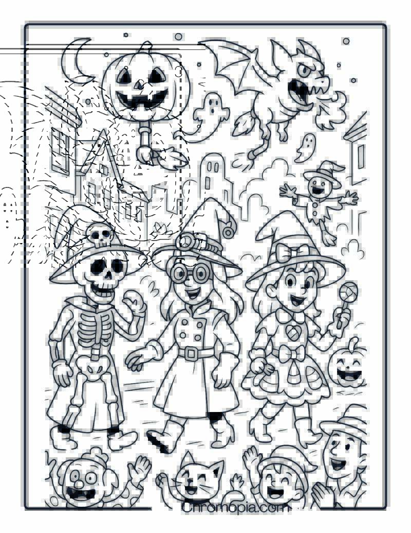 Halloween Witches’ Parade with Floating Haunted Floats – Halloween Witch Coloring Page