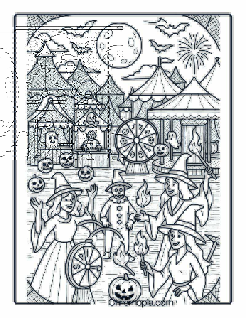 Haunted Carnival of Halloween Witches at Midnight – Halloween Witch Coloring Page