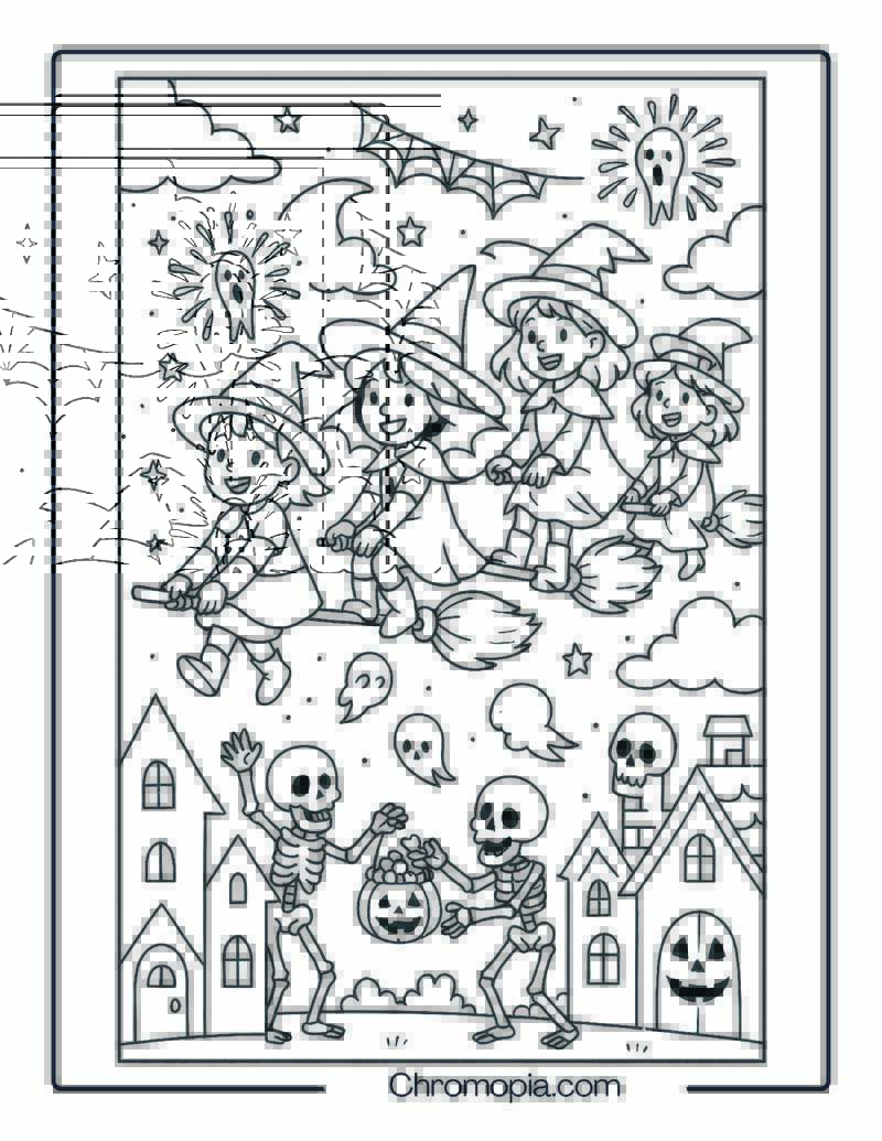 Trick-or-Treat Witch Kids Riding Floating Broom Caravan – Halloween Witch Coloring Page