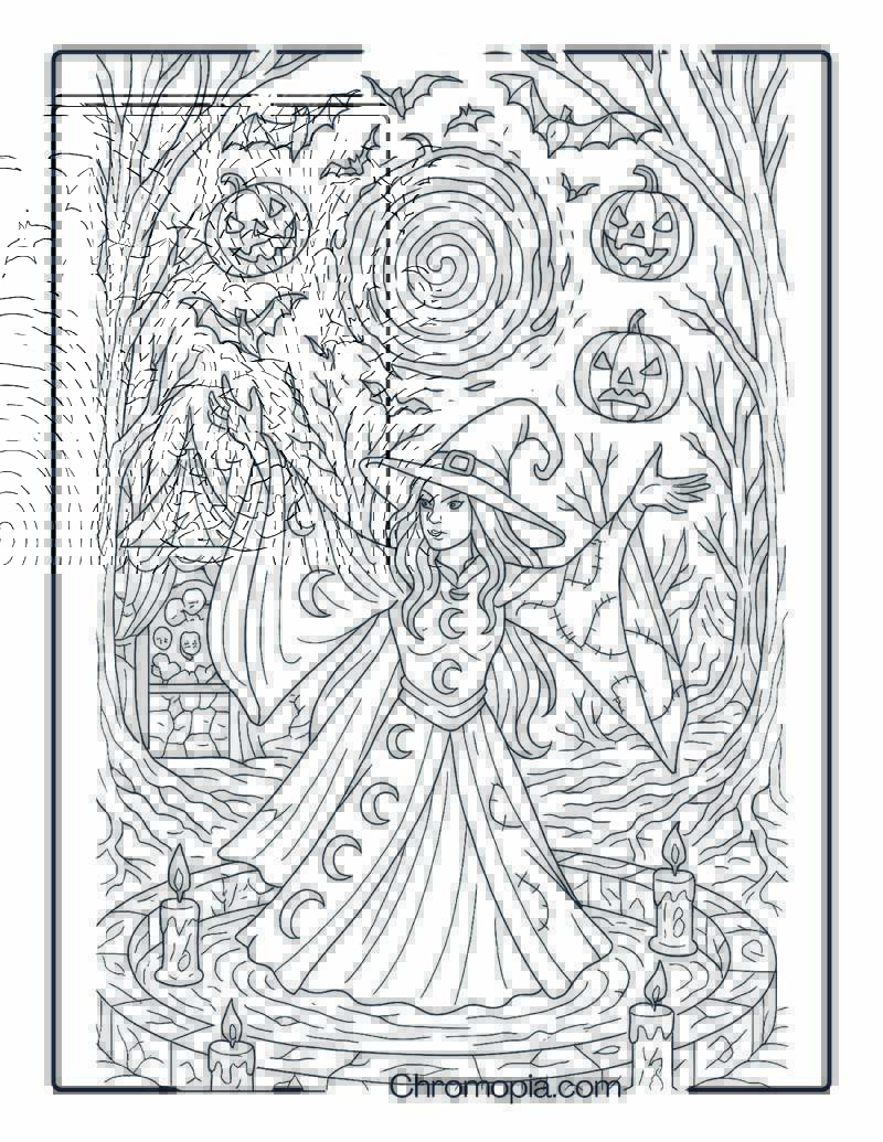 Witch Summoning Portal with Bat Swarms and Screaming Pumpkins – Halloween Witch Coloring Page