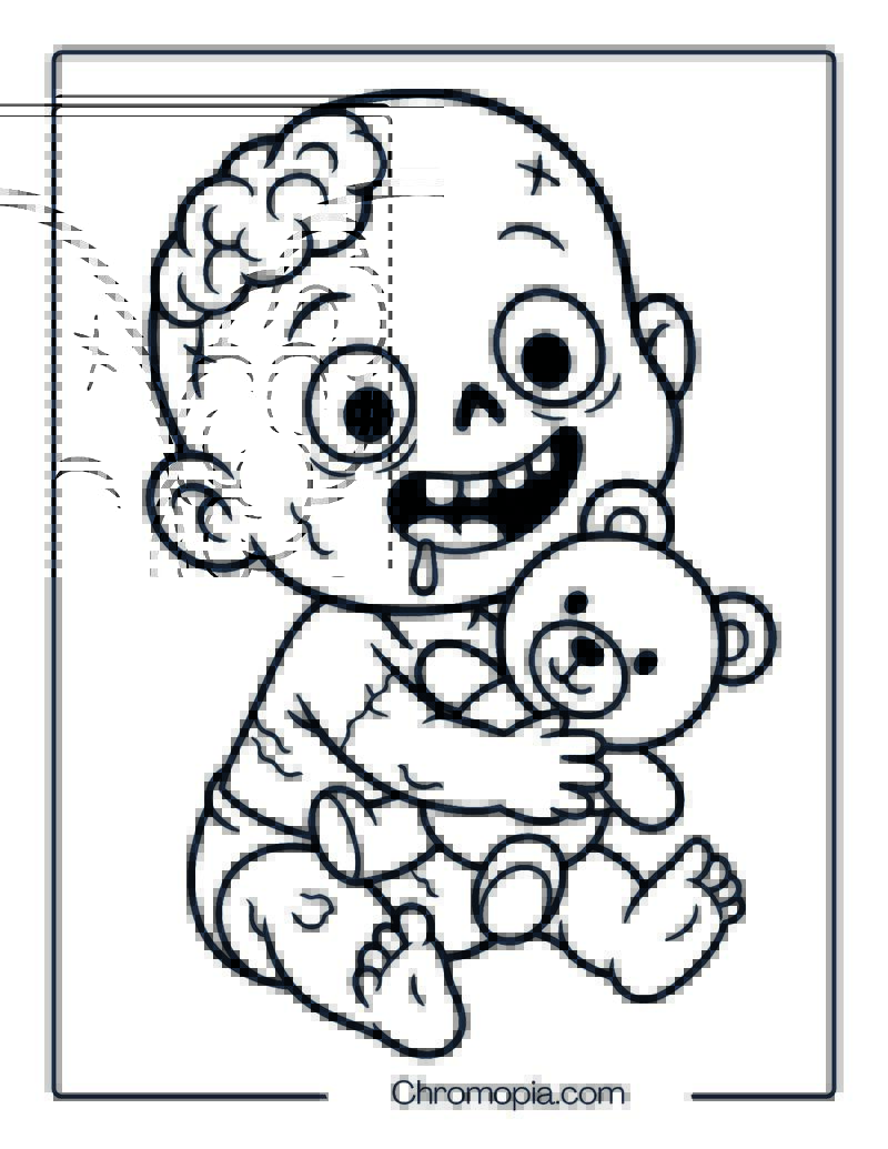 Cute Baby Zombie with Teddy Bear Coloring Page