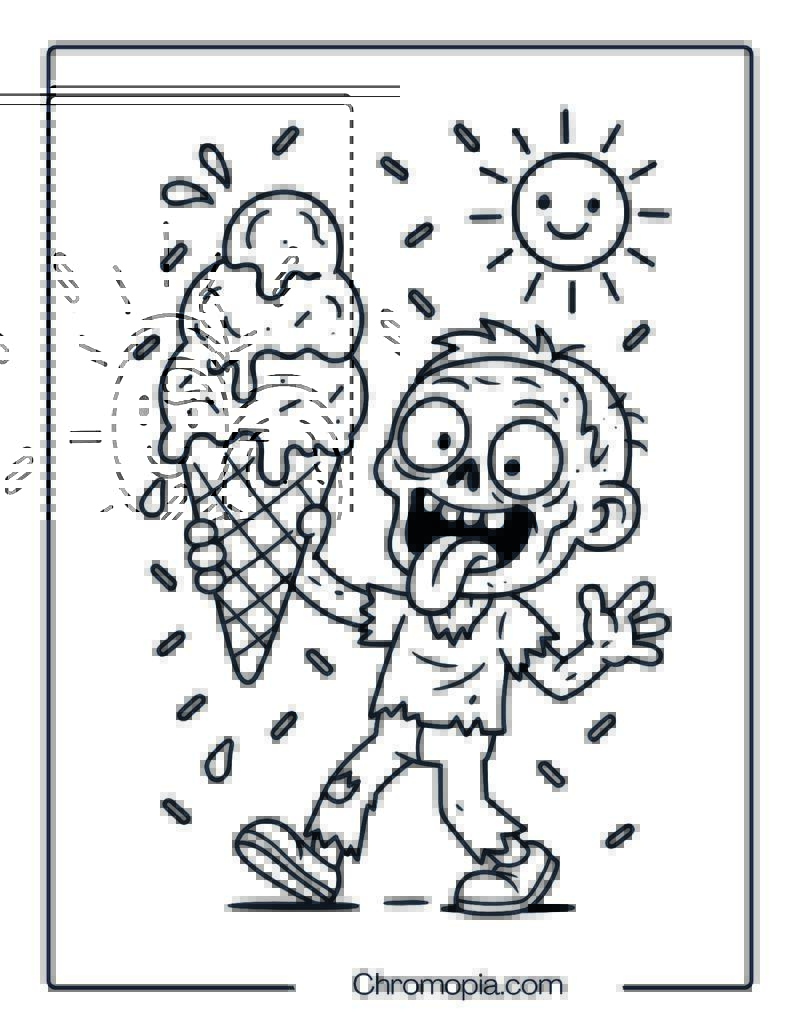 Ice Cream-Loving Zombie Coloring Page
