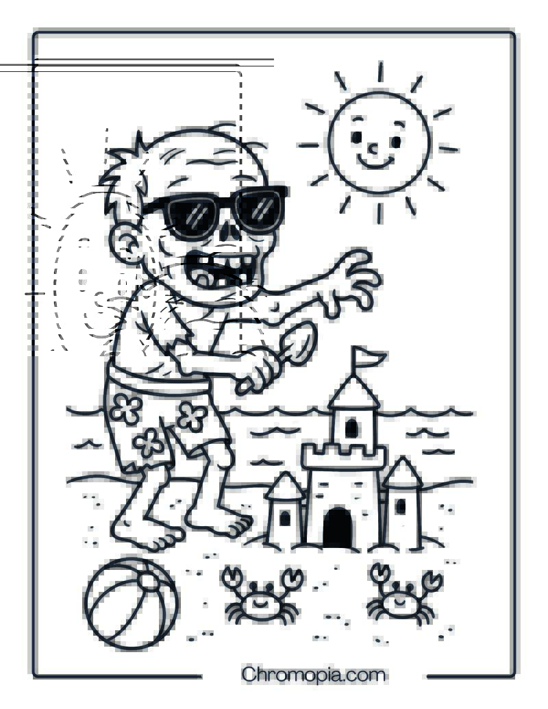 Playful Zombie at the Beach Coloring Page