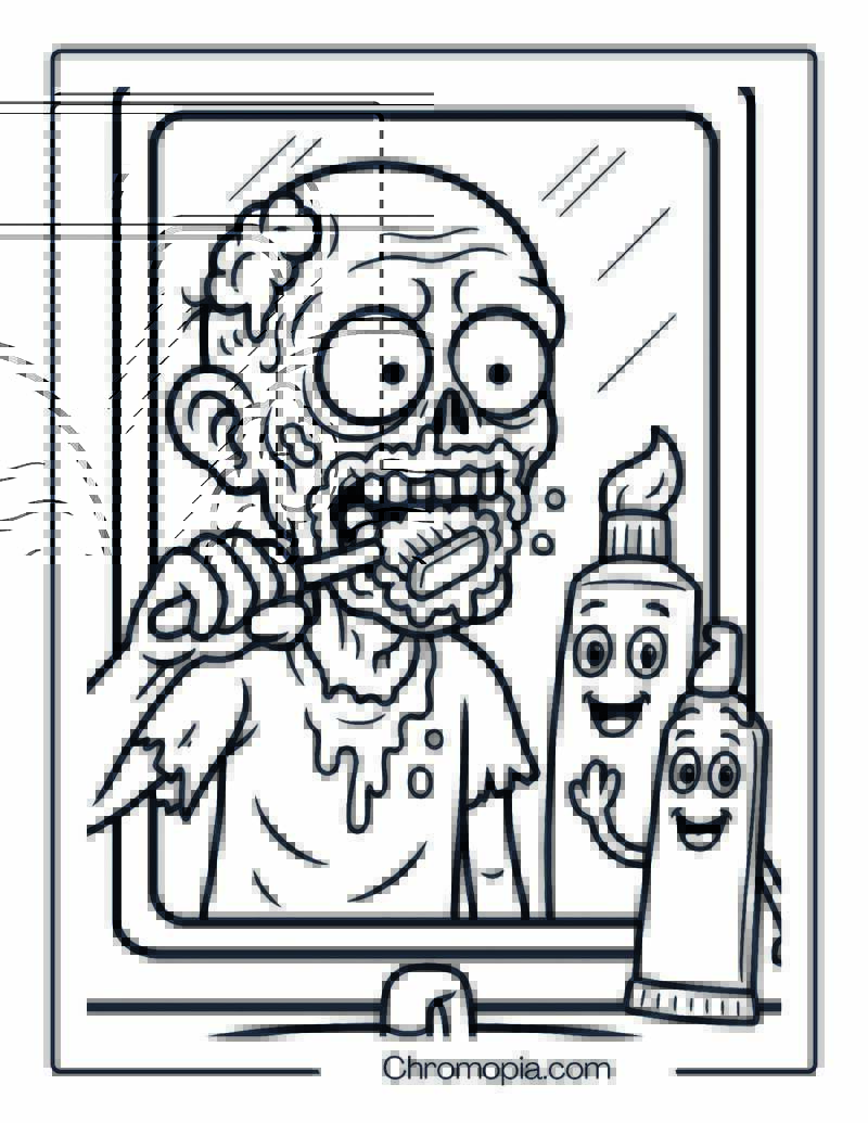 Zombie Brushing Teeth Coloring Page