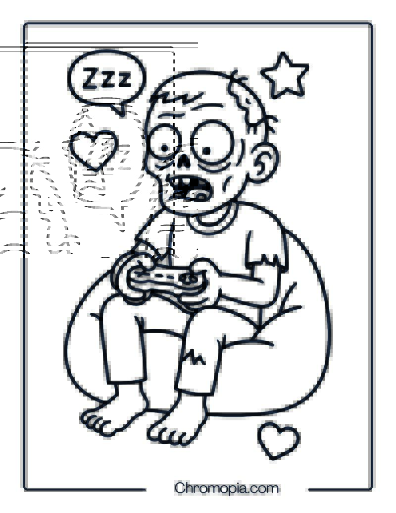 Zombie Playing Video Games Coloring Page