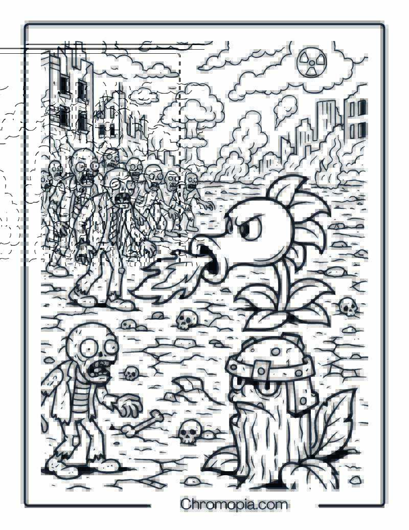 Apocalyptic Wasteland Battle Plants vs Zombies Coloring Page
