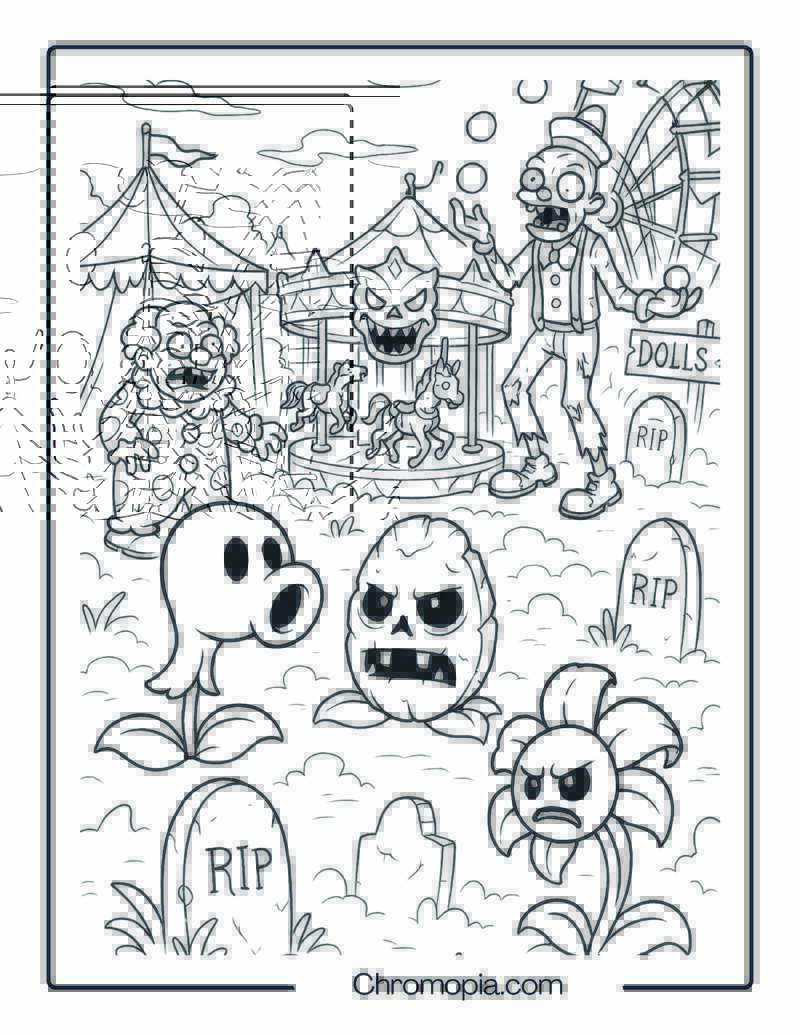 Haunted Carnival Plants vs Zombies Coloring Page