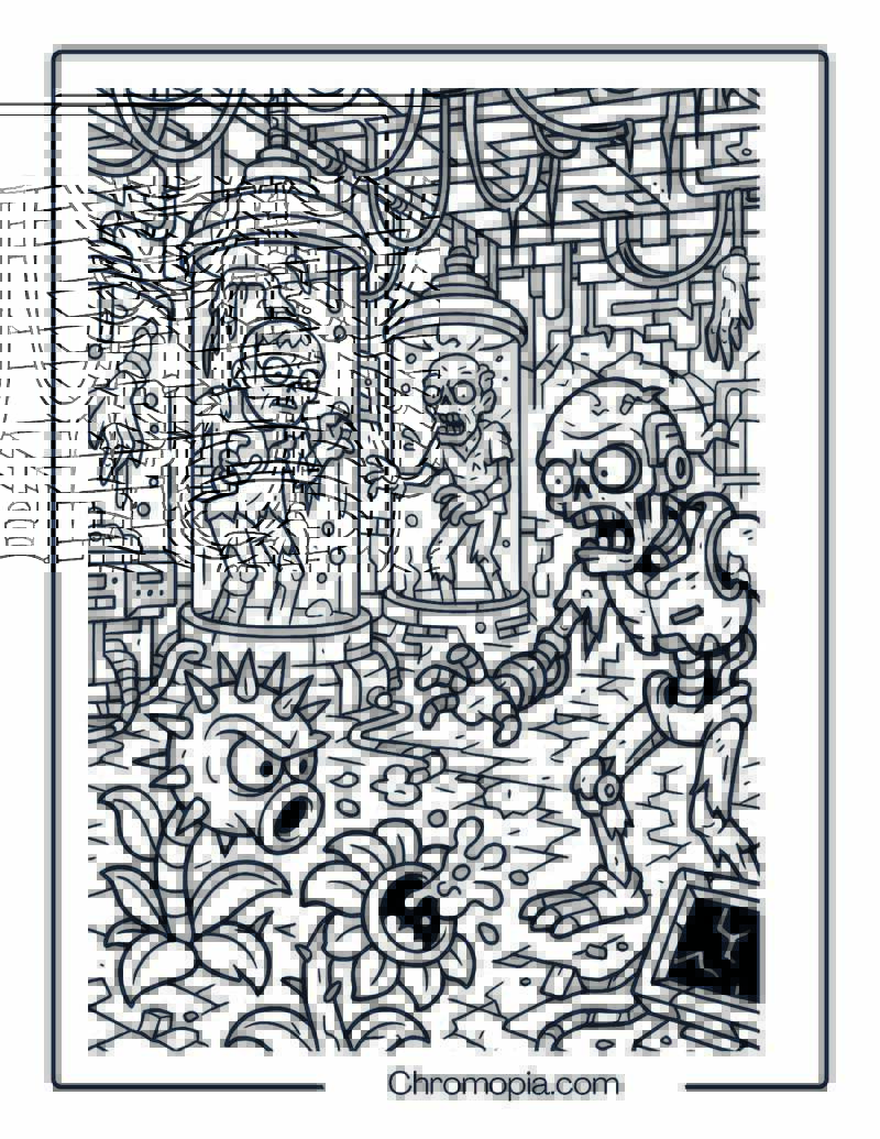 Laboratory of the Undead Plants vs Mutated Zombies Coloring Page