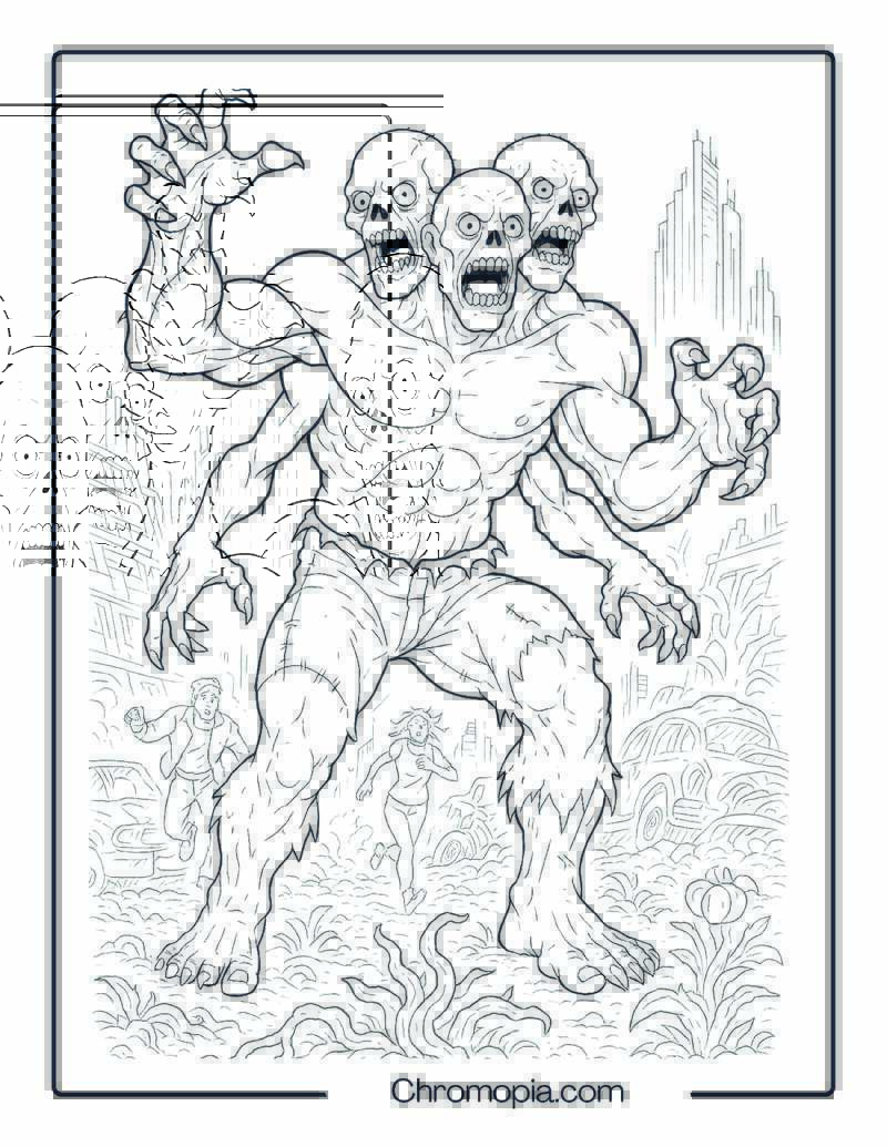 Three-Headed Mutant Zombie Rampage Coloring Page