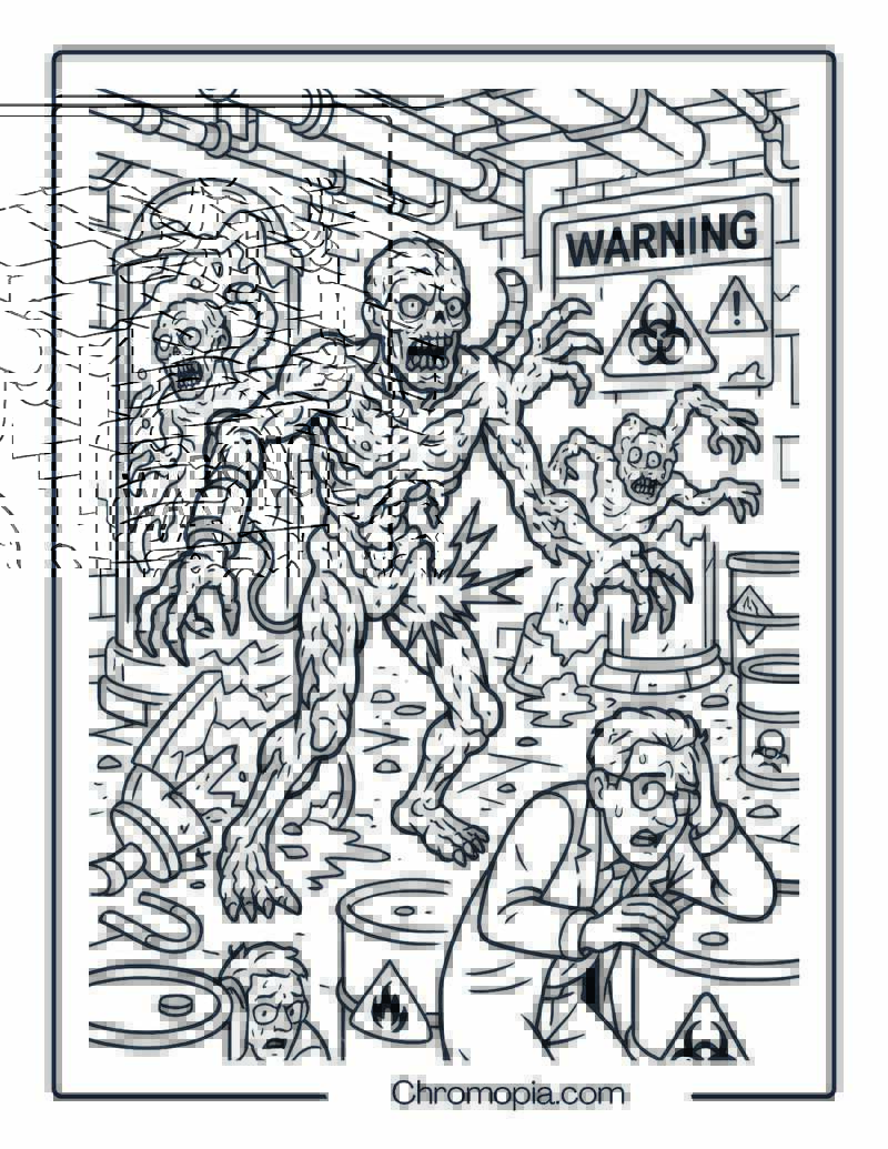 Underground Lab with Failed Mutant Experiments Coloring Page