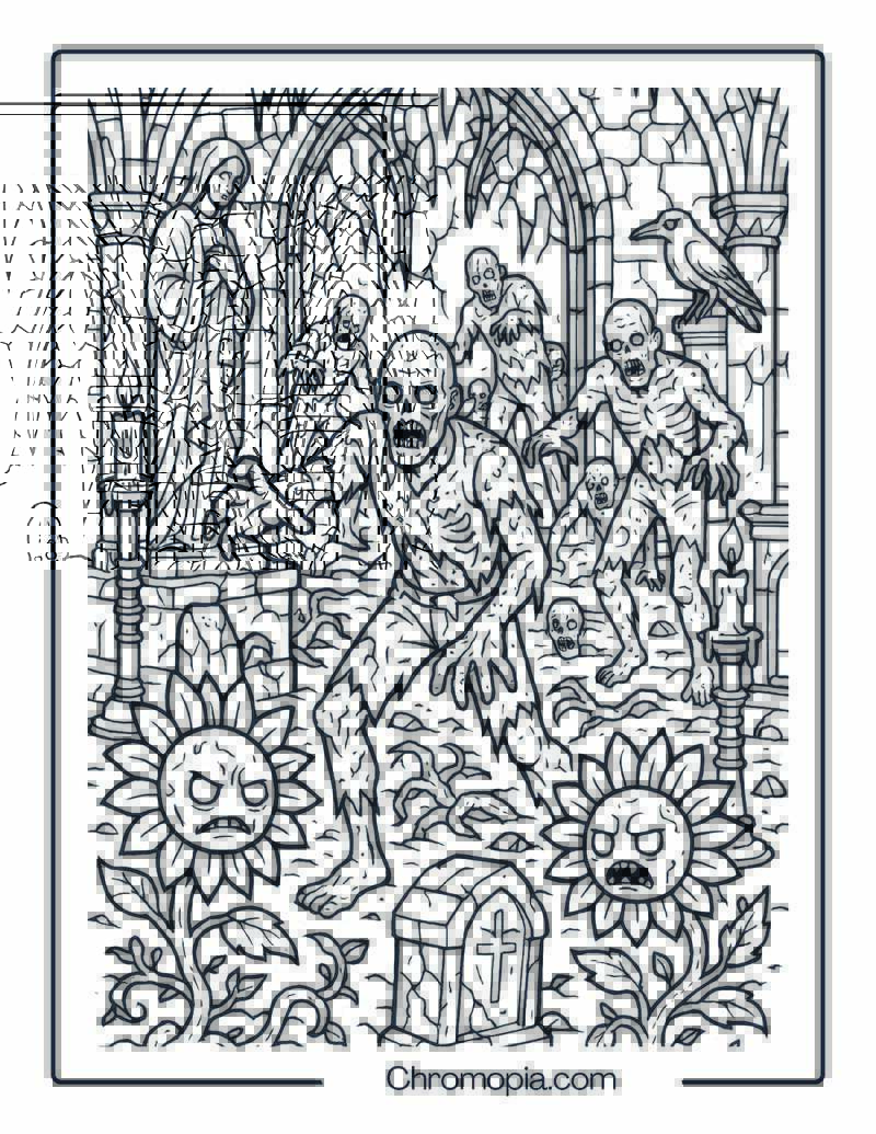 Zombie Invasion in an Abandoned Church Coloring Page