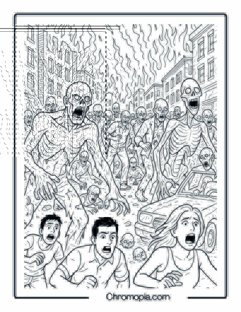 Zombie Horde in a Burning City Street Coloring Page